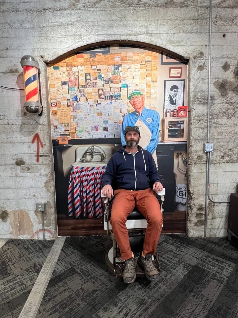 Michael in the replica barber's chair from the famous Angel