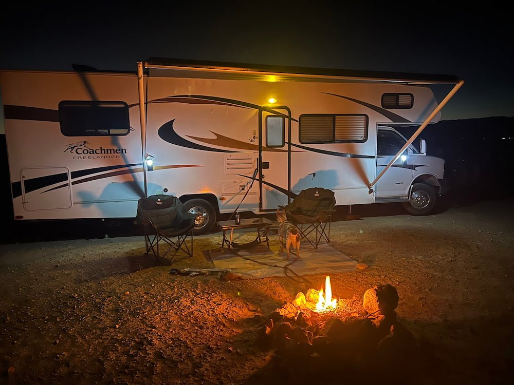 The campfire is lit