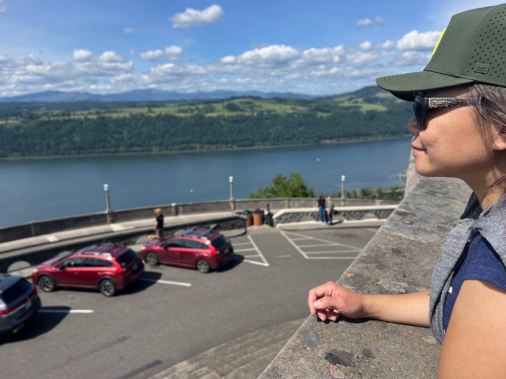 Lisette on the balcony at Vista House