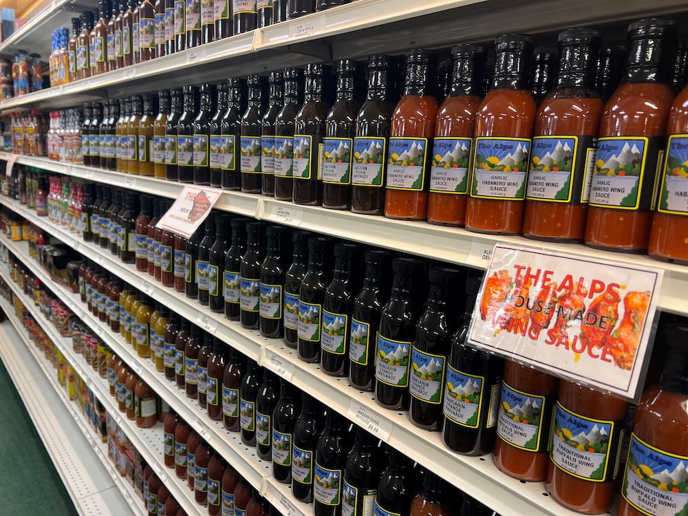 Shelves of hot sauce
