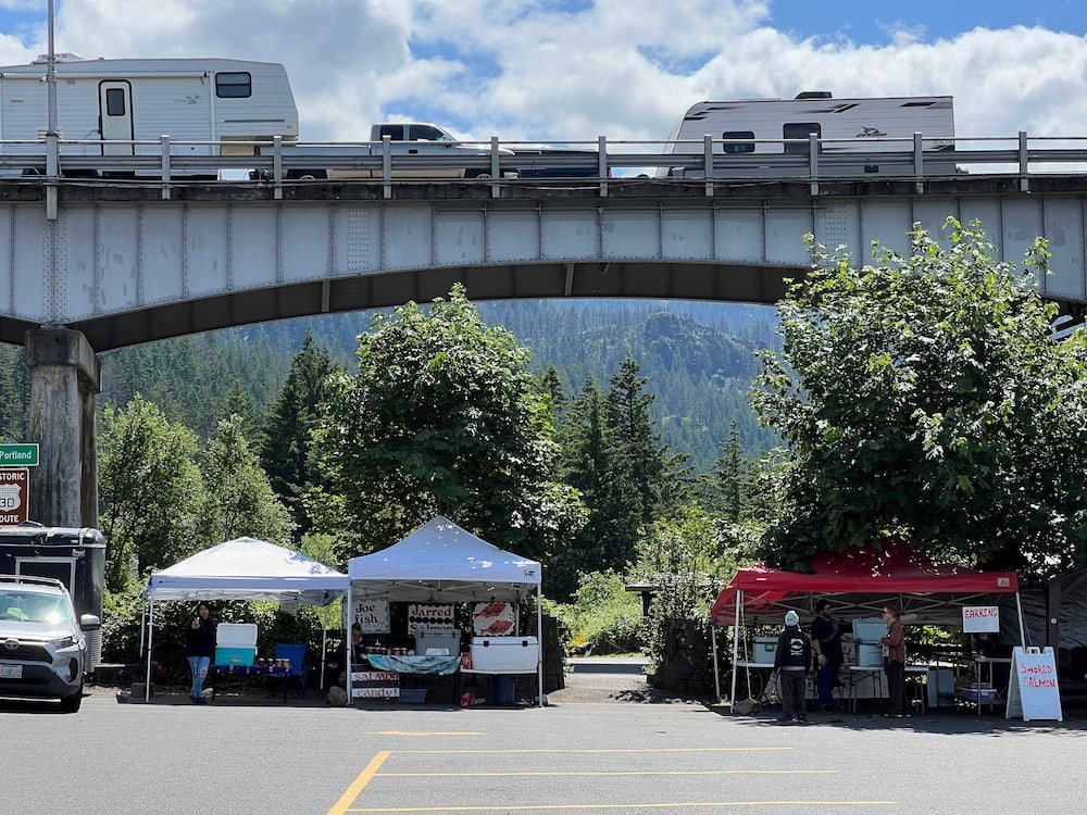 Stalls selling salmon and other fish
