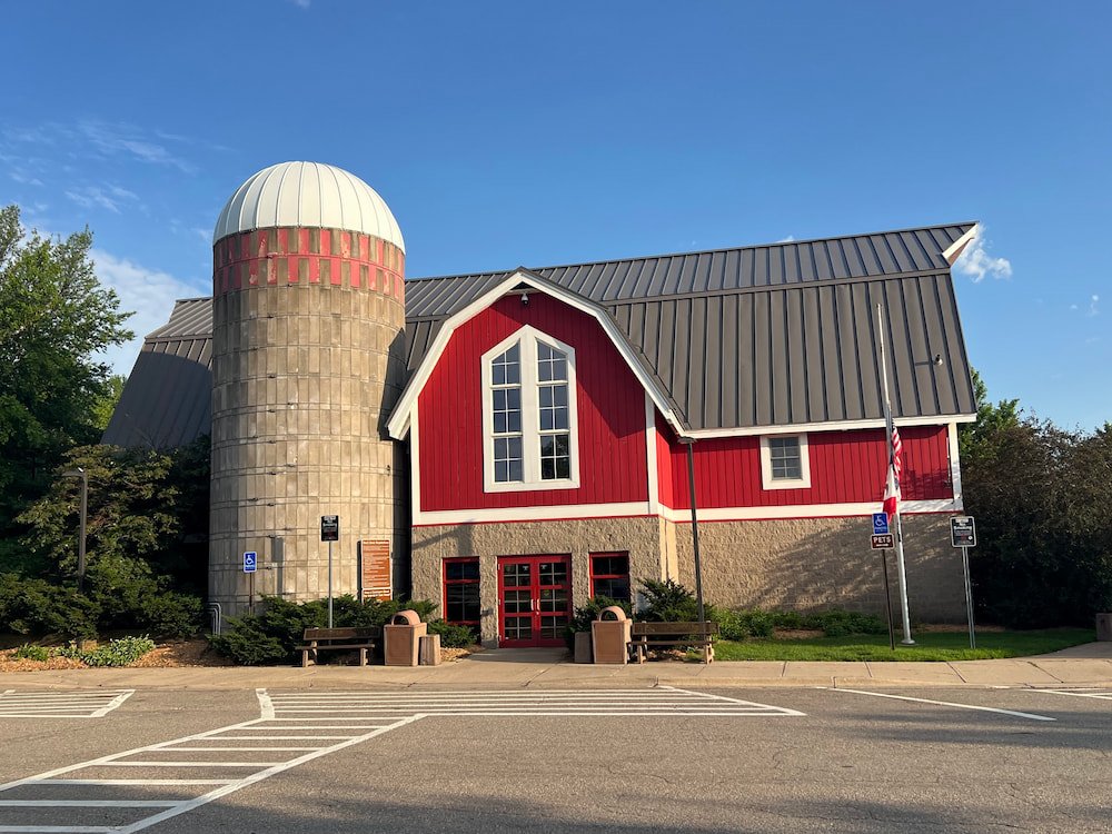 The cute Iowa Visitor Center shaped like a barn and silo