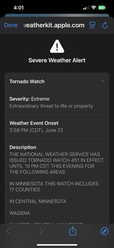 Tornado warning on our phones
