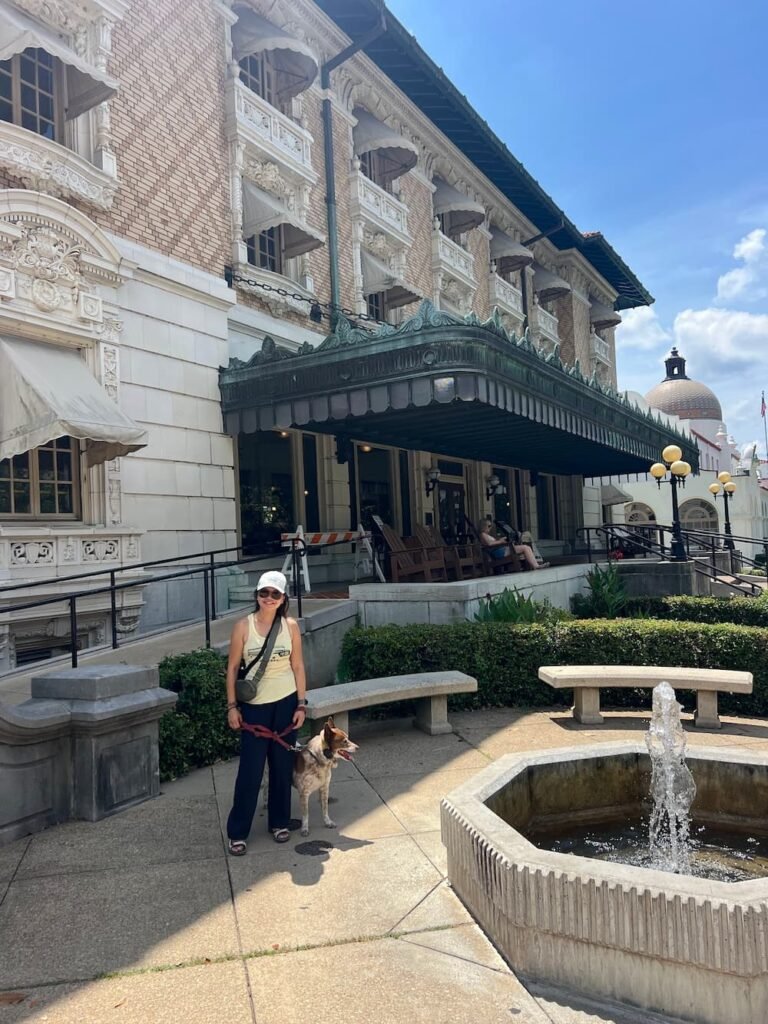Lisette and Sheila in front of the Fordyce Bathhouse