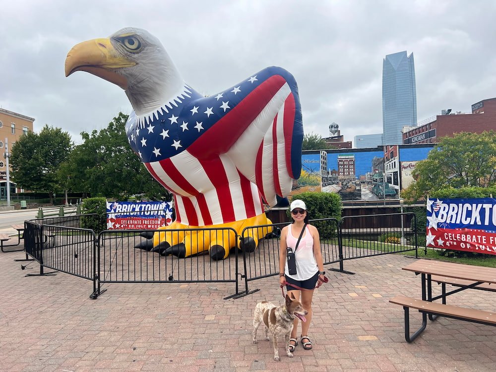 Lisette and Sheila with a giant inflatable eagle