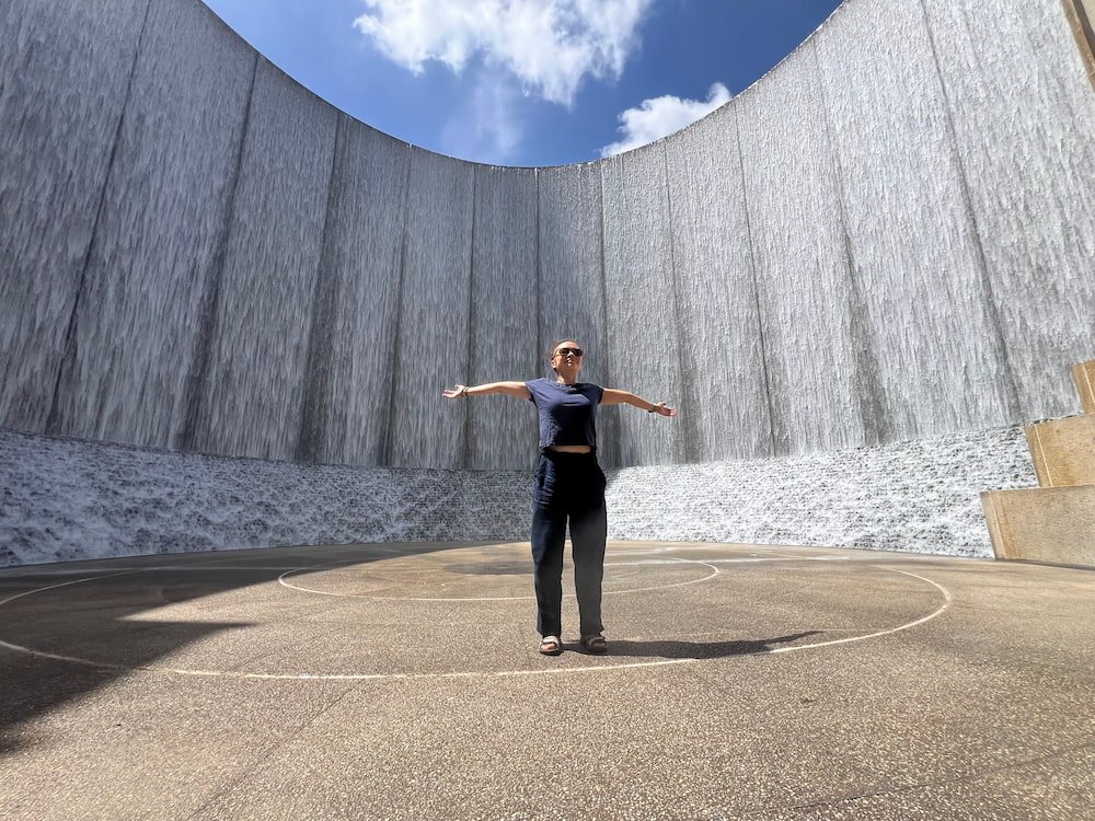 Lisette in front of the Water Wall