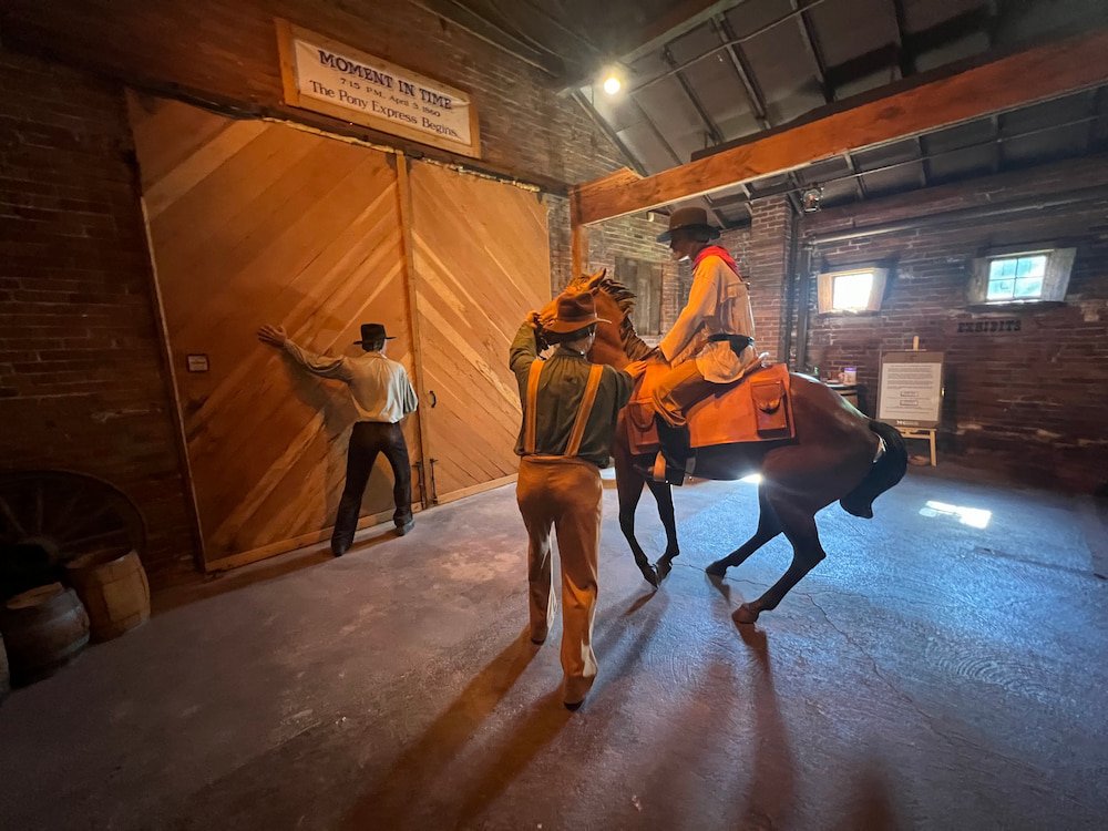 Models reenact the first rider heading out on the Pony Express
