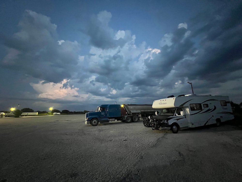 Storm clouds brewing over our parking spot at the travel stop
