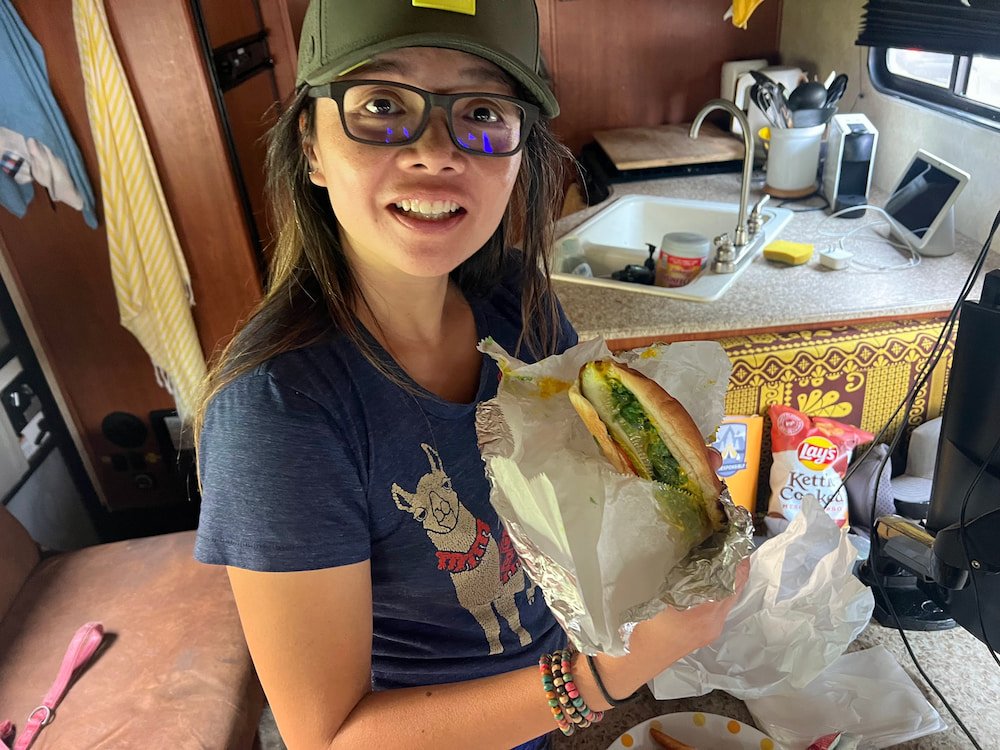 Lisette with her vege hotdog