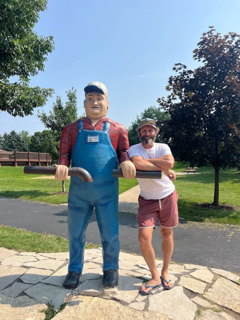 Michael with a mechanic at Harvester Park