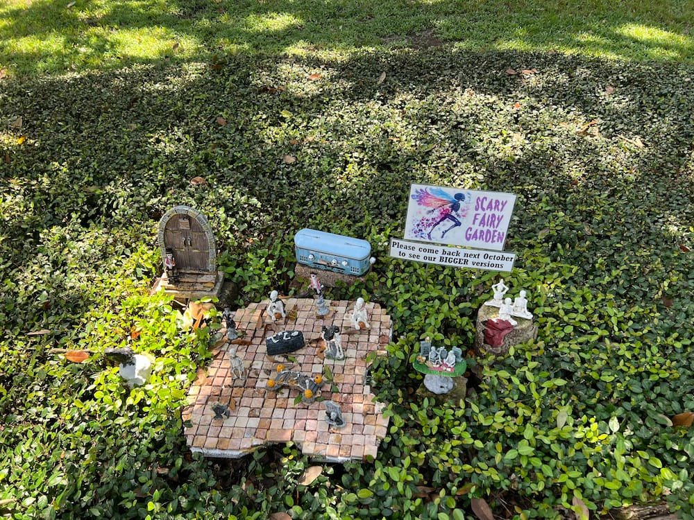 Miniature skeletons in the front yard