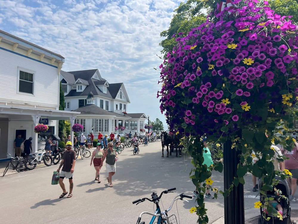 Pretty streets with hanging baskets of flowers