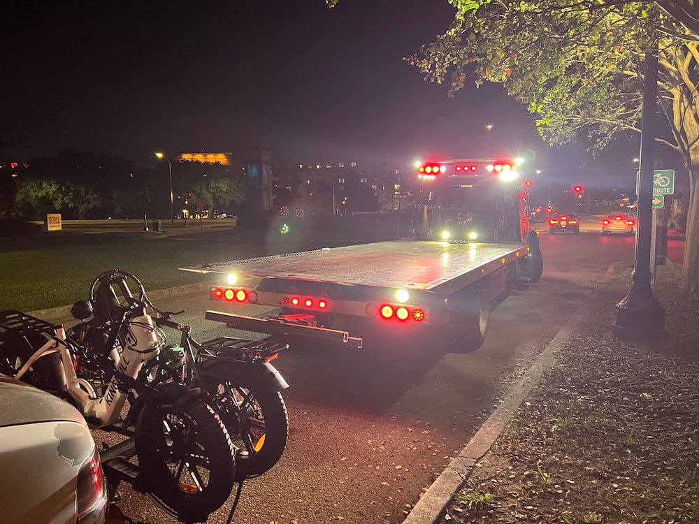 The flat bed truck coming to the rescue