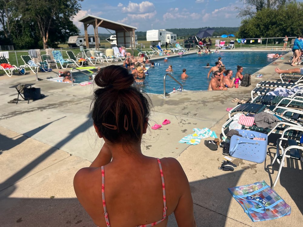 The jam-packed swimming pool