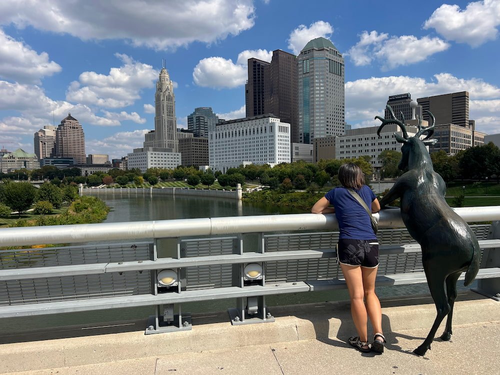 Lisette with one of the deer statues
