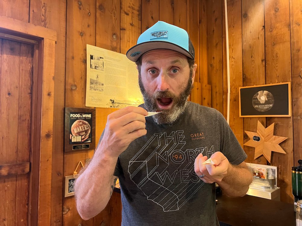 Michael tasting the bourbon salted caramel