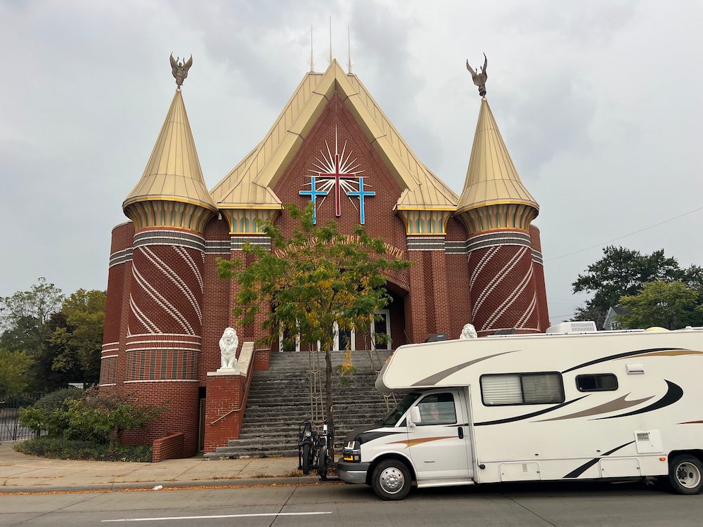 Parked outside an interesting-looking church