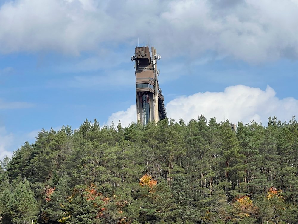 The top of the ski jump was a tower and elevator