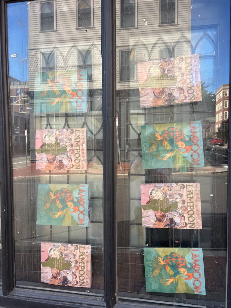 Editions of the Harvard Lampoon hanging inside