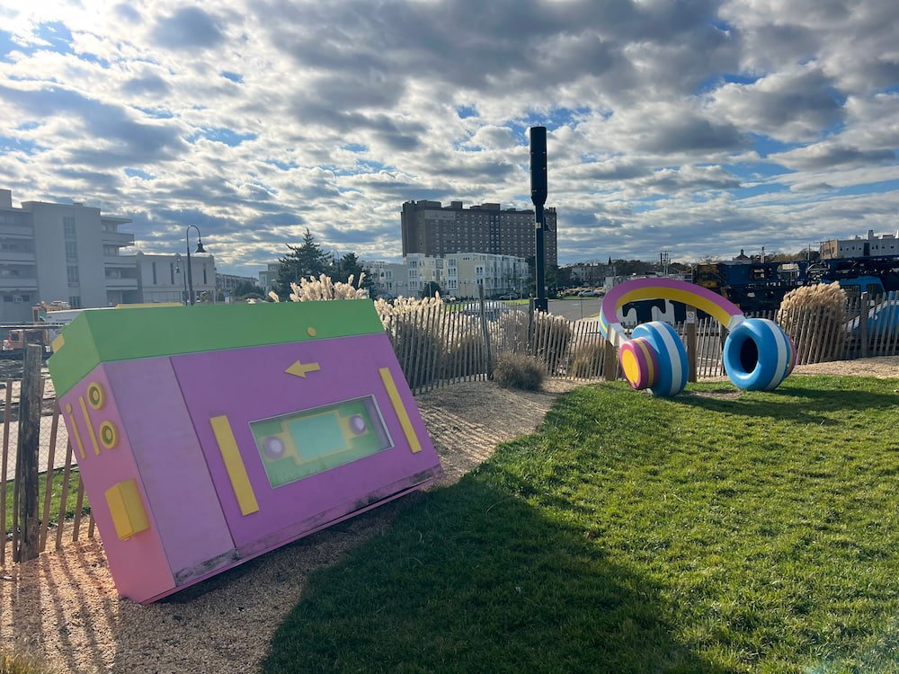 Giant tape deck and headphones