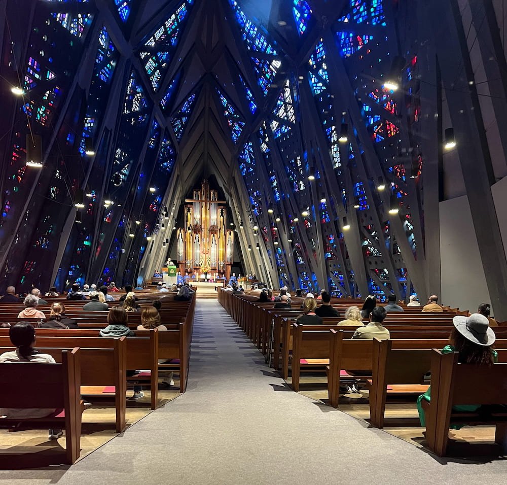 The stained glass inside the church