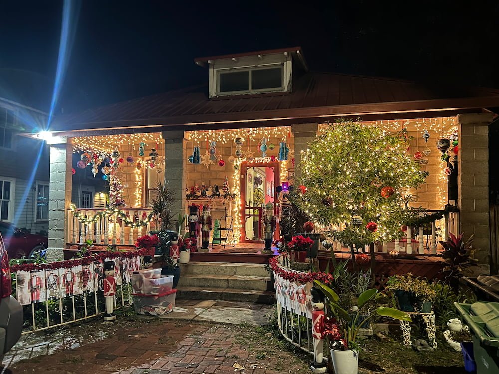 A house lit for Christmas on our trip back to the RV