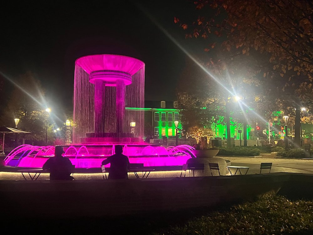 Fountain colorfully lit