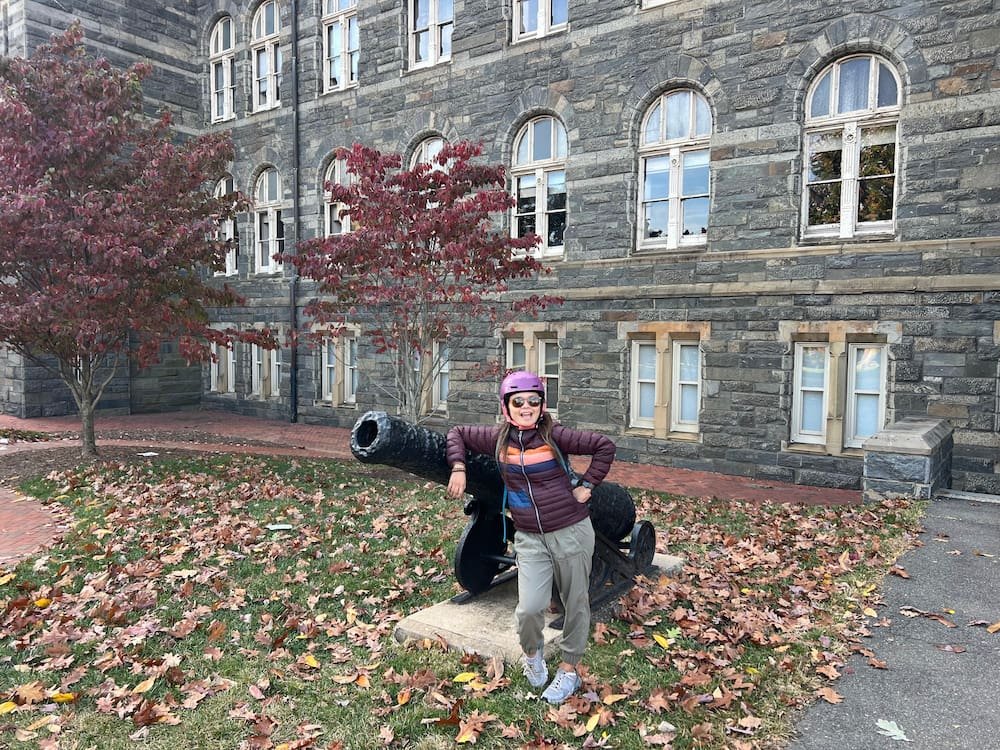 Lisette with a cannon at the university