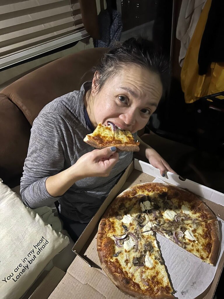 Munching on some pizza