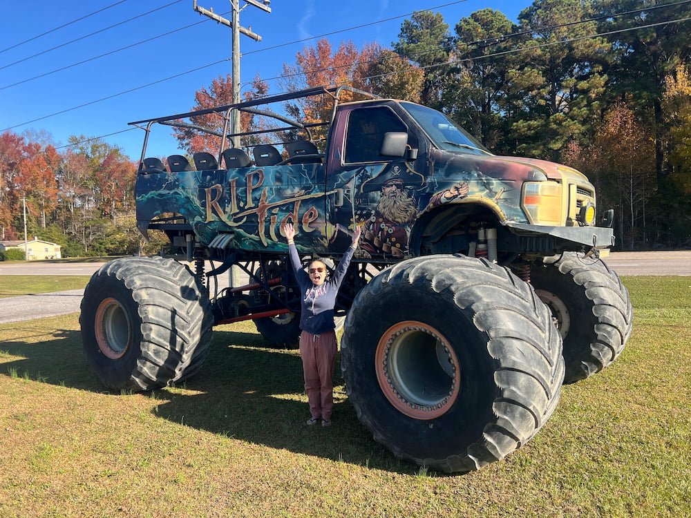 The multi-seater monster truck with Lisette for scale