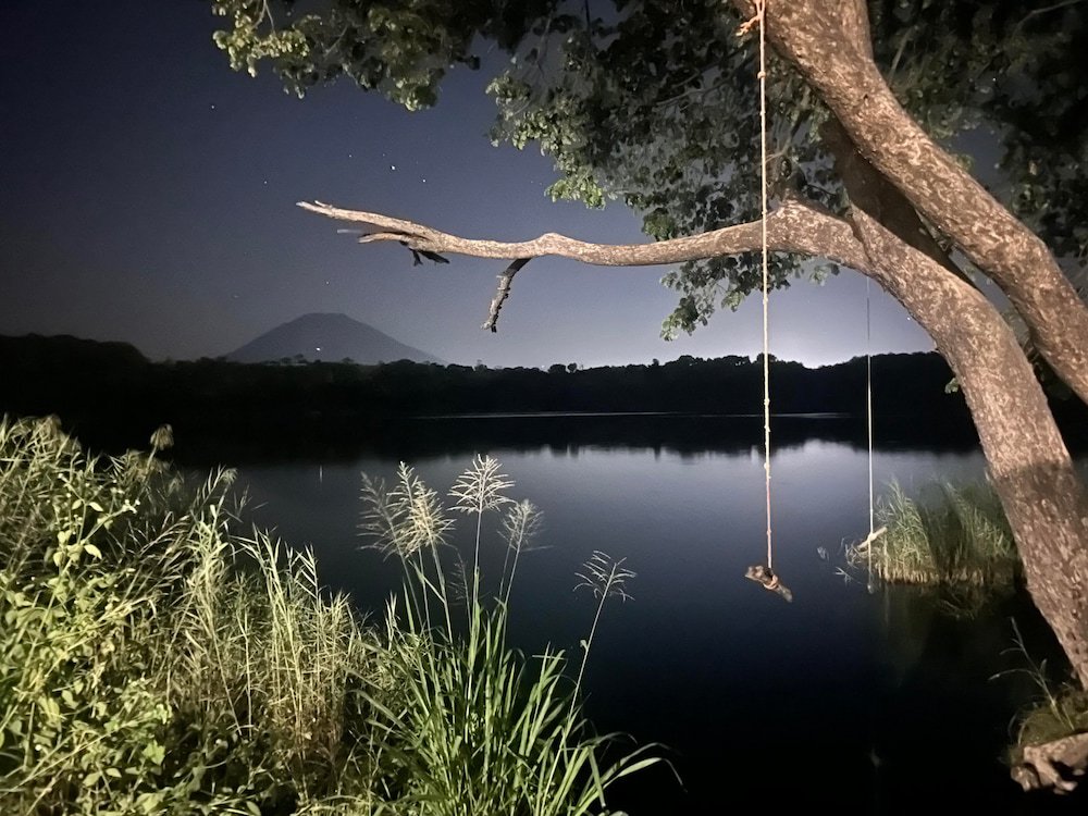 Night view over the volcano from our campsite