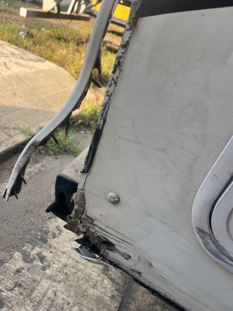 The right rear of the RV has taken some abuse